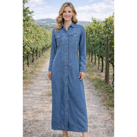 Vintage Lauren Jeans Co Ralph Lauren Denim Maxi Dress Pearl Snap Long  Sleeve S - gipsstuckaturer.se